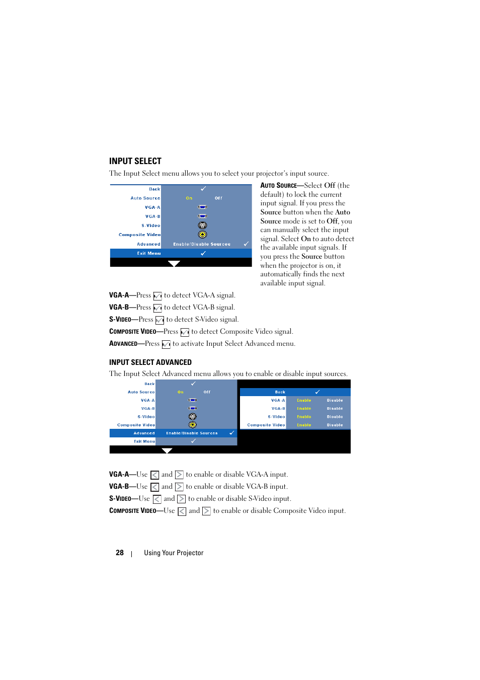 Input select, Input select advanced | Dell 1410X Projector User Manual | Page 28 / 59