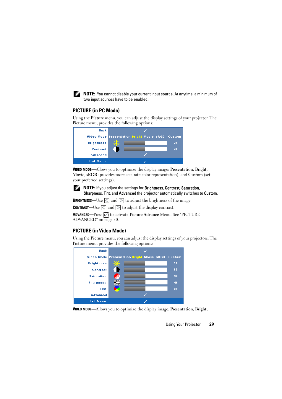 Picture (in pc mode), Picture (in video mode) | Dell 1410X Projector User Manual | Page 29 / 59