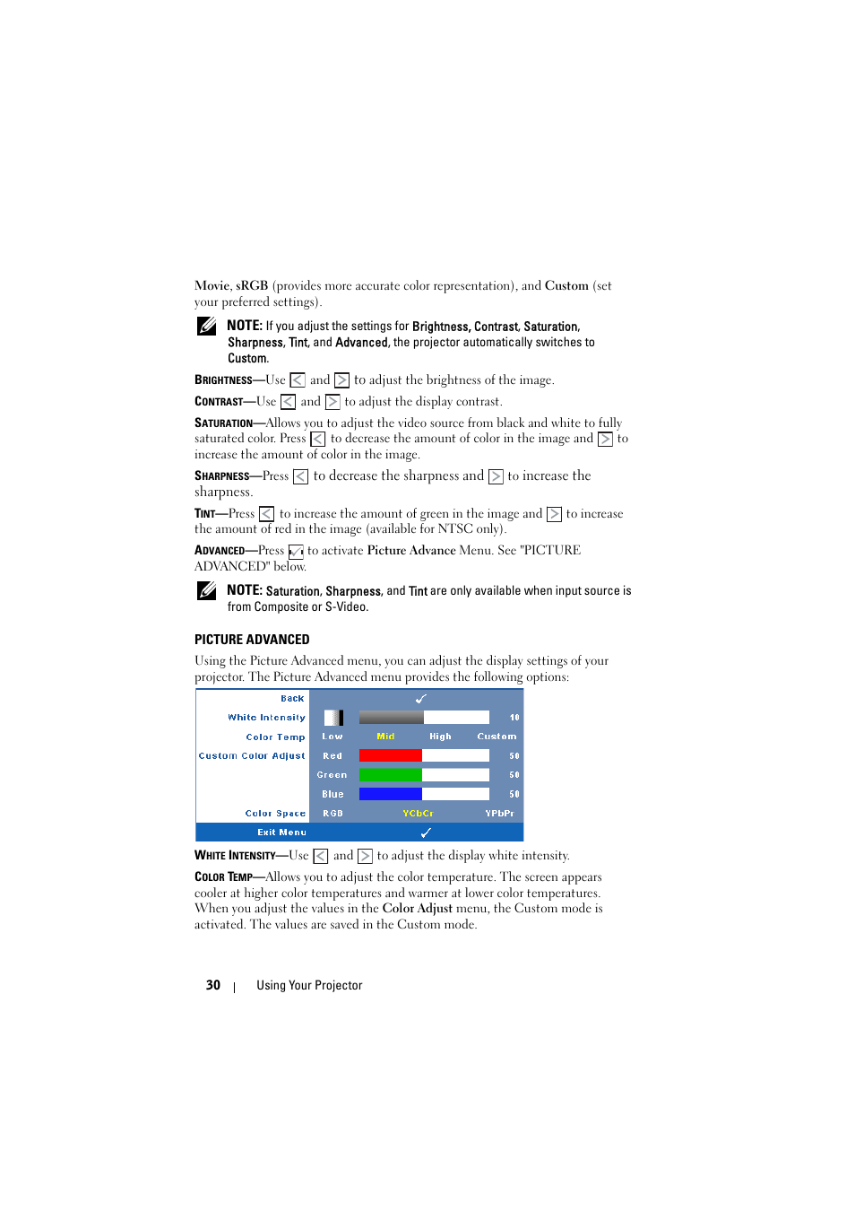 Picture advanced | Dell 1410X Projector User Manual | Page 30 / 59