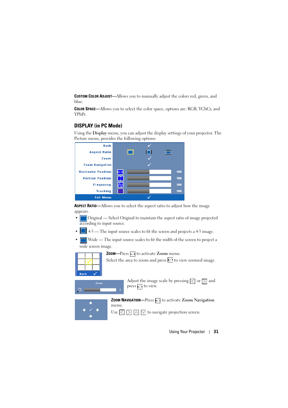 Display (in pc mode) | Dell 1410X Projector User Manual | Page 31 / 59