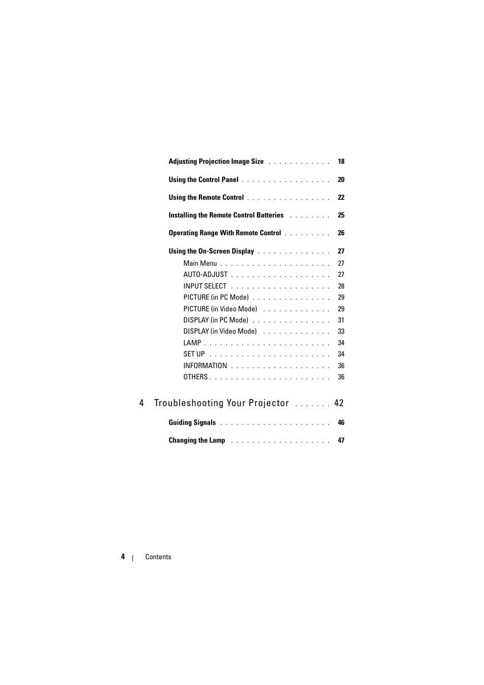 4 troubleshooting your projector 42, 4 troubleshooting your projector | Dell 1410X Projector User Manual | Page 4 / 59