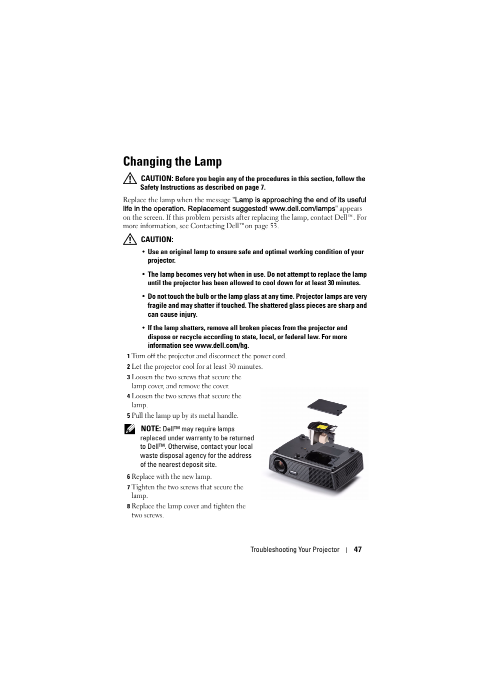 Changing the lamp | Dell 1410X Projector User Manual | Page 47 / 59