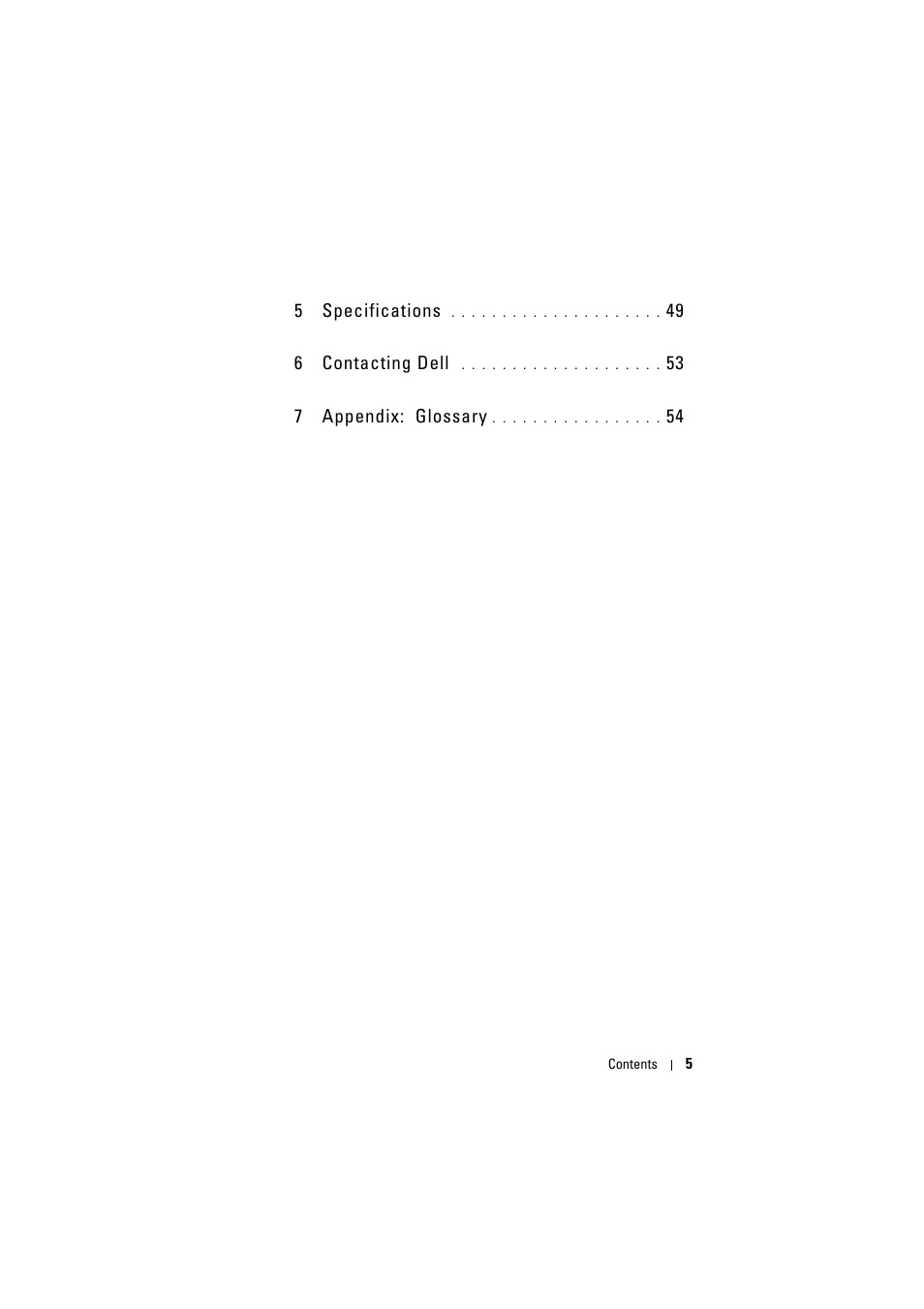 5 specifications 49, 6 contacting dell 53, 7 appendix: glossary 54 | Dell 1410X Projector User Manual | Page 5 / 59