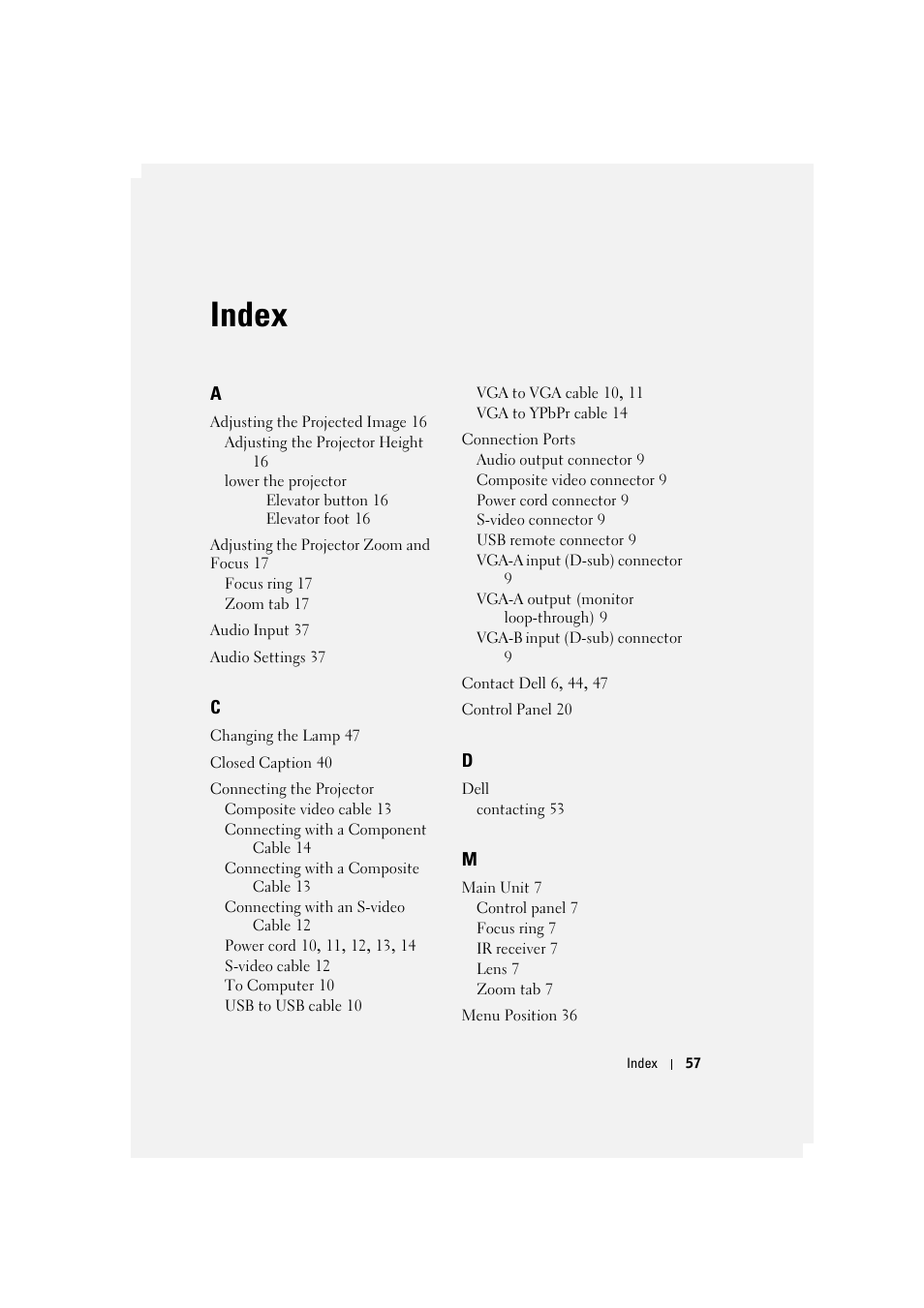 Index | Dell 1410X Projector User Manual | Page 57 / 59