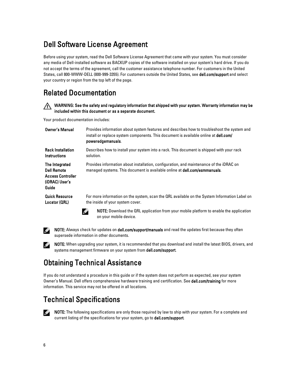 Dell software license agreement, Related documentation, Obtaining technical assistance | Technical specifications | Dell PowerEdge R220 User Manual | Page 6 / 9