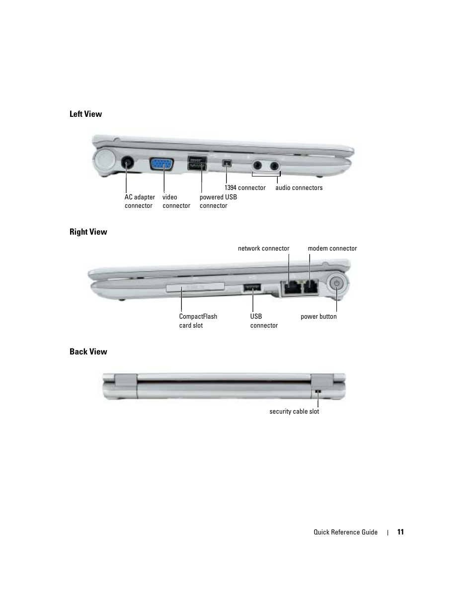 Left view, Right view, Back view | Dell Latitude X1 User Manual | Page 11 / 108