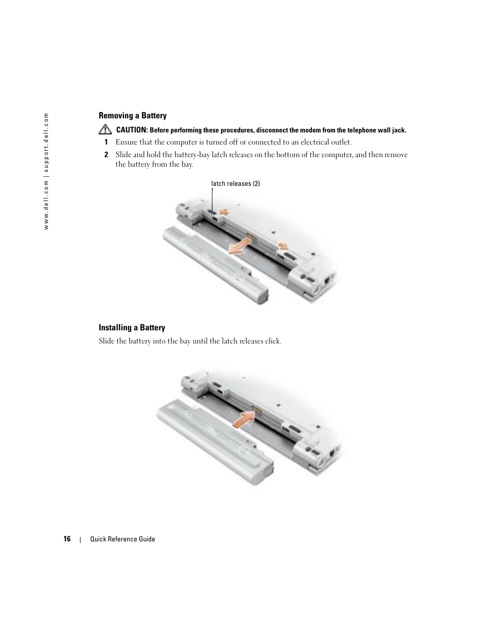 Removing a battery, Installing a battery | Dell Latitude X1 User Manual | Page 16 / 108