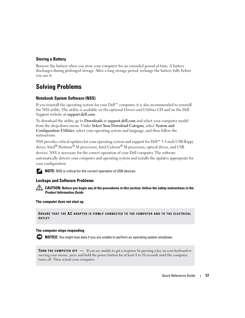 Storing a battery, Solving problems, Notebook system software (nss) | Lockups and software problems | Dell Latitude X1 User Manual | Page 17 / 108