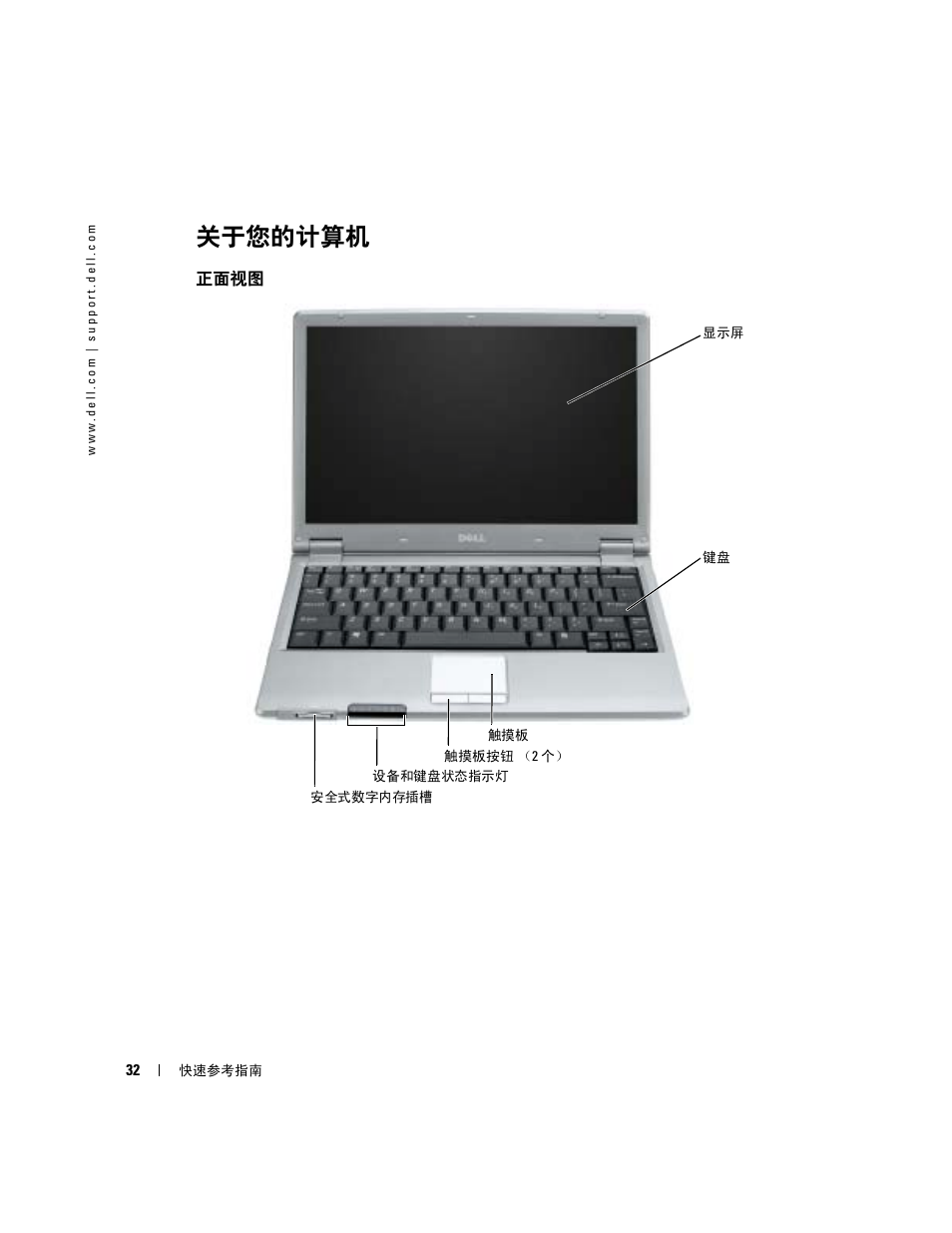 关于您的计算机, 正面视图 | Dell Latitude X1 User Manual | Page 32 / 108