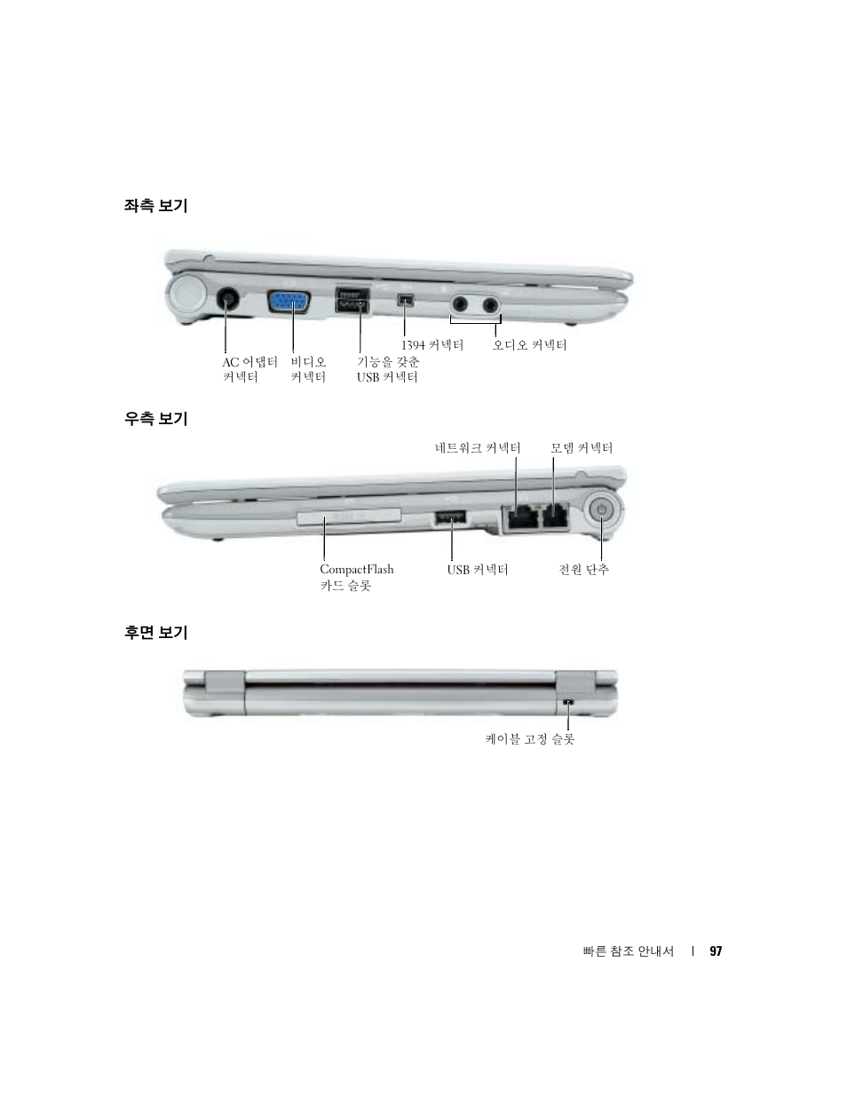 좌측 보기, 우측 보기, 후면 보기 | Dell Latitude X1 User Manual | Page 97 / 108