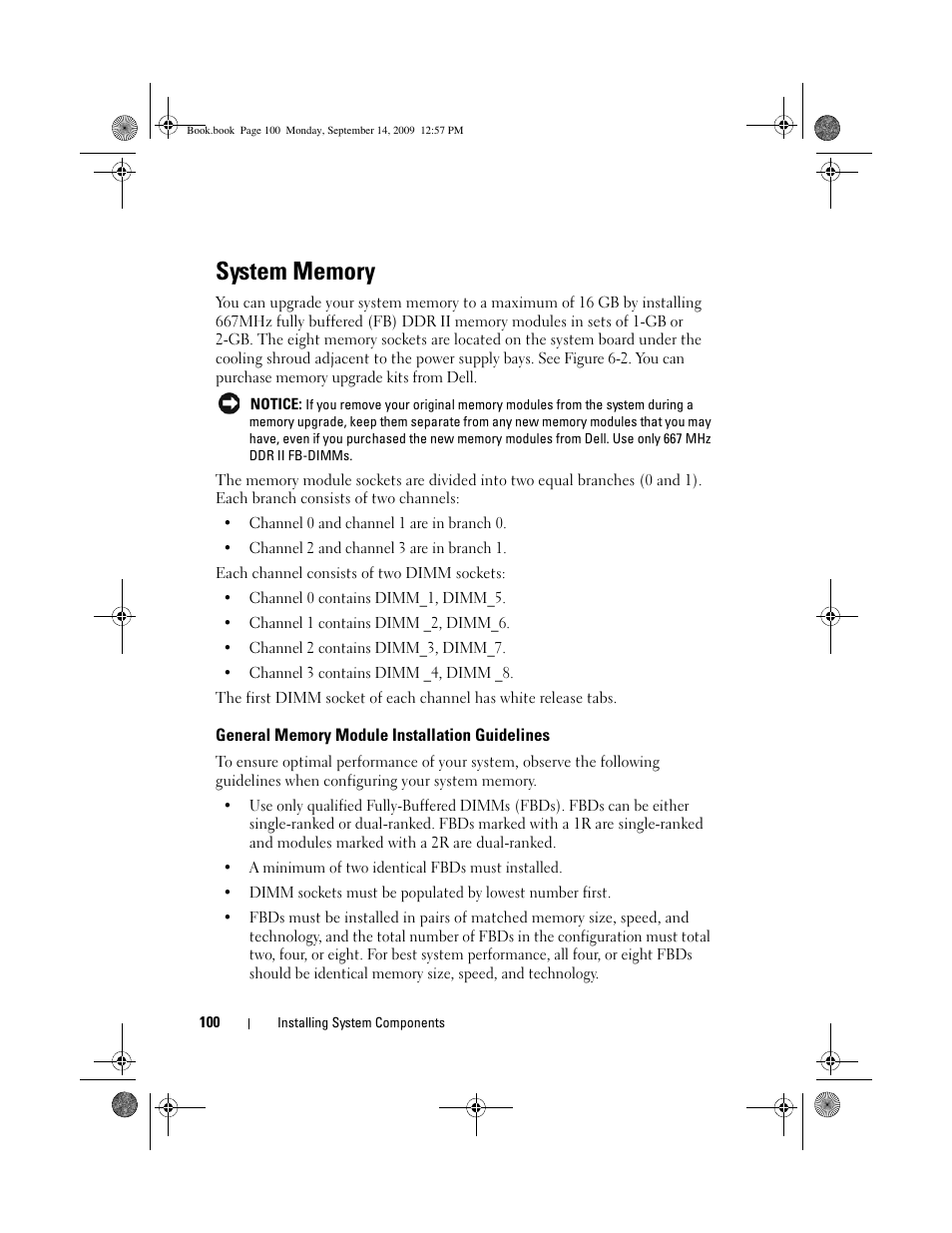 System memory, General memory module installation guidelines | Dell PowerVault DL2000 User Manual | Page 100 / 188