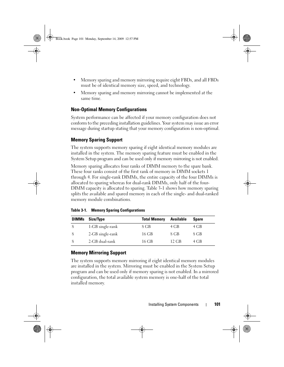 Non-optimal memory configurations, Memory sparing support, Memory mirroring support | Dell PowerVault DL2000 User Manual | Page 101 / 188