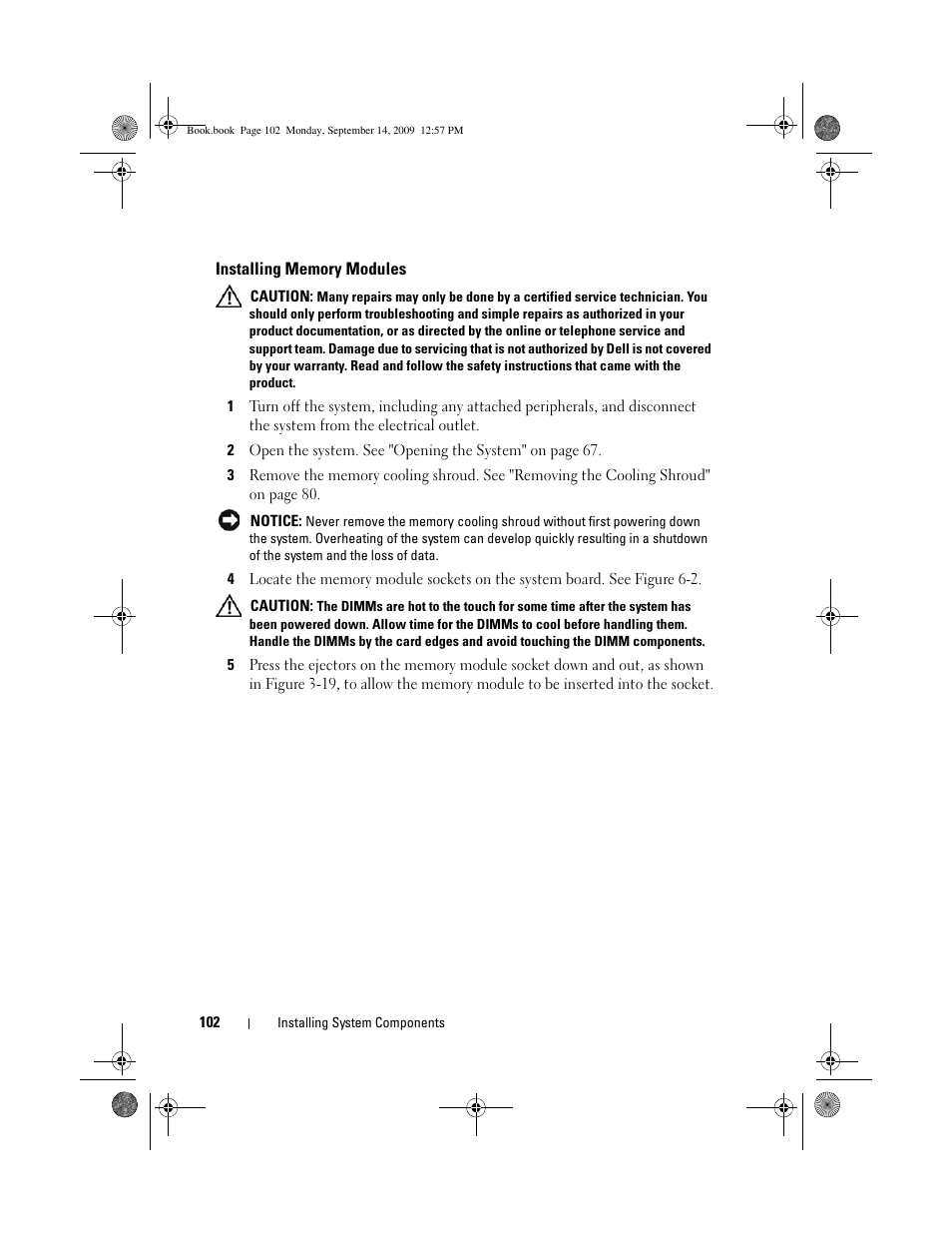 Installing memory modules | Dell PowerVault DL2000 User Manual | Page 102 / 188