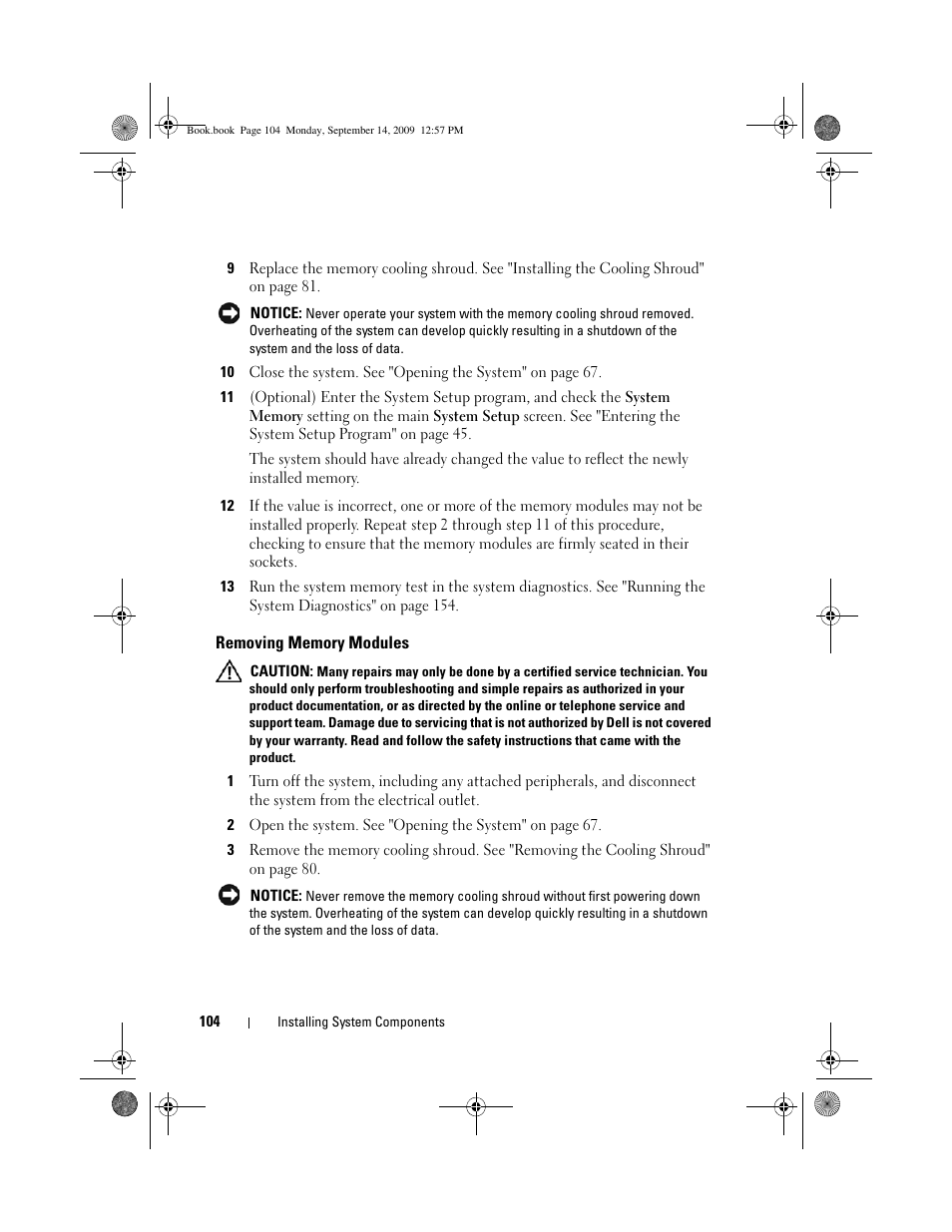 Removing memory modules | Dell PowerVault DL2000 User Manual | Page 104 / 188