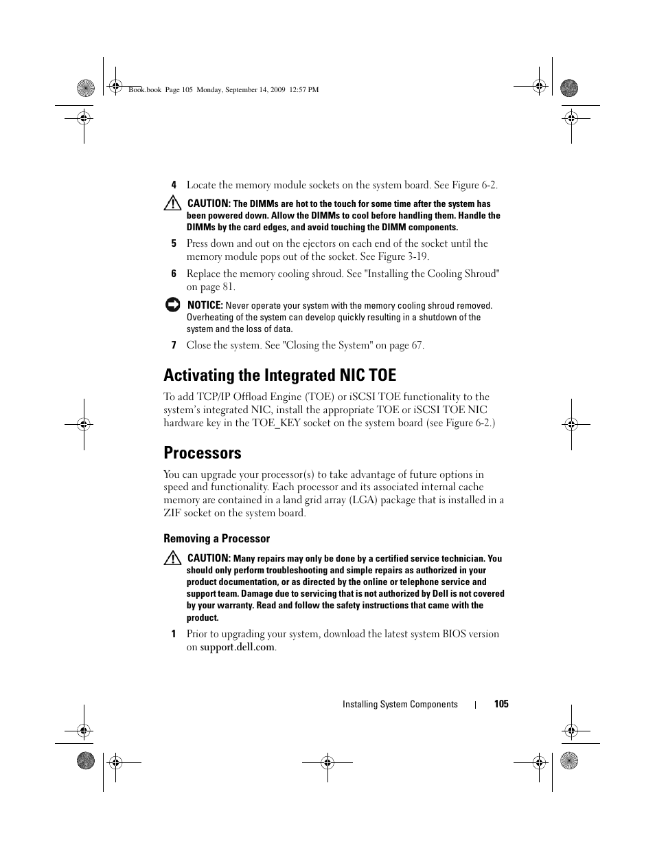 Activating the integrated nic toe, Processors, Removing a processor | Dell PowerVault DL2000 User Manual | Page 105 / 188