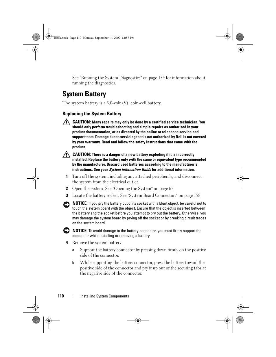 System battery, Replacing the system battery | Dell PowerVault DL2000 User Manual | Page 110 / 188