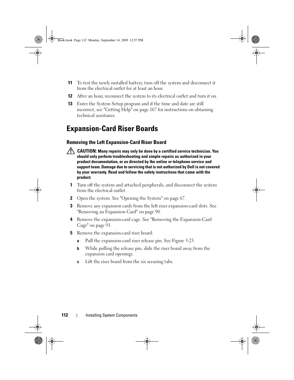 Expansion-card riser boards, Removing the left expansion-card riser board | Dell PowerVault DL2000 User Manual | Page 112 / 188
