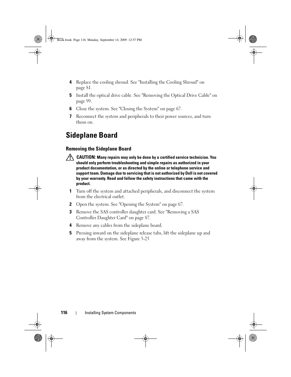 Sideplane board, Removing the sideplane board | Dell PowerVault DL2000 User Manual | Page 116 / 188