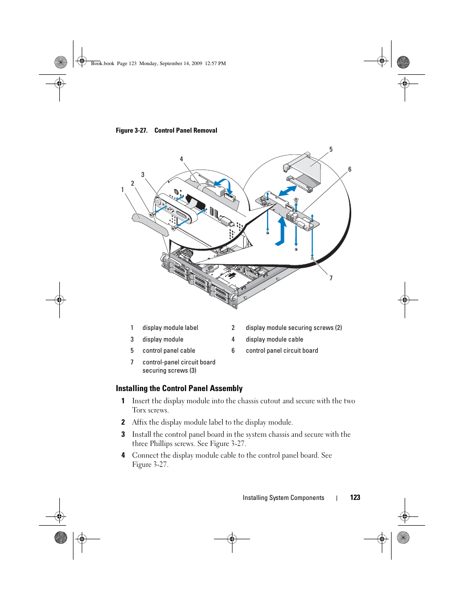 Installing the control panel assembly | Dell PowerVault DL2000 User Manual | Page 123 / 188