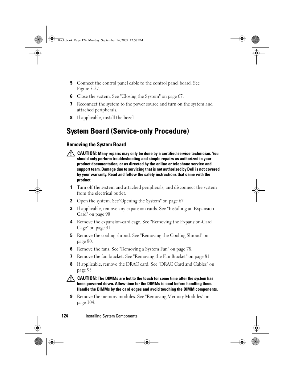 System board (service-only procedure), Removing the system board | Dell PowerVault DL2000 User Manual | Page 124 / 188