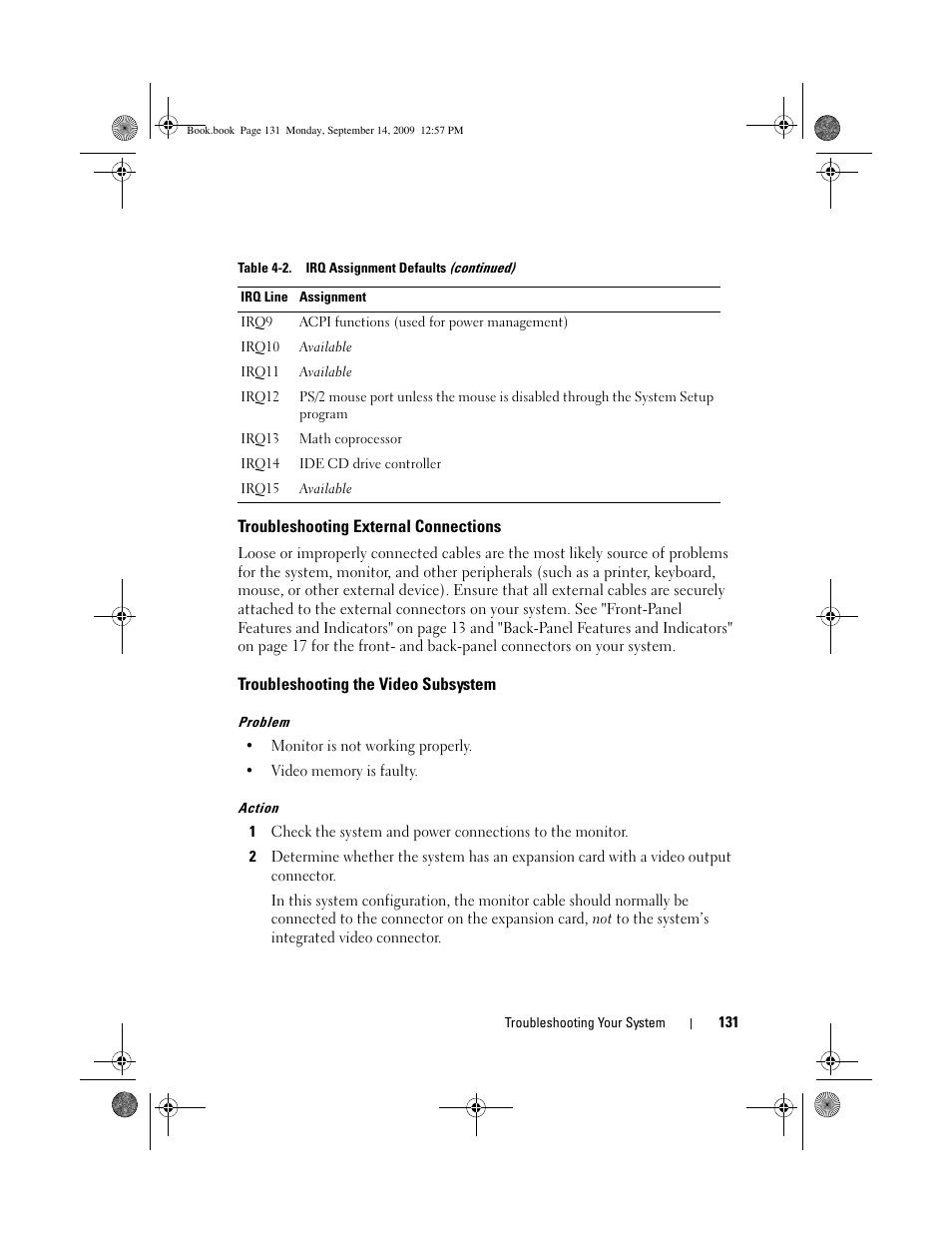 Troubleshooting external connections, Troubleshooting the video subsystem | Dell PowerVault DL2000 User Manual | Page 131 / 188