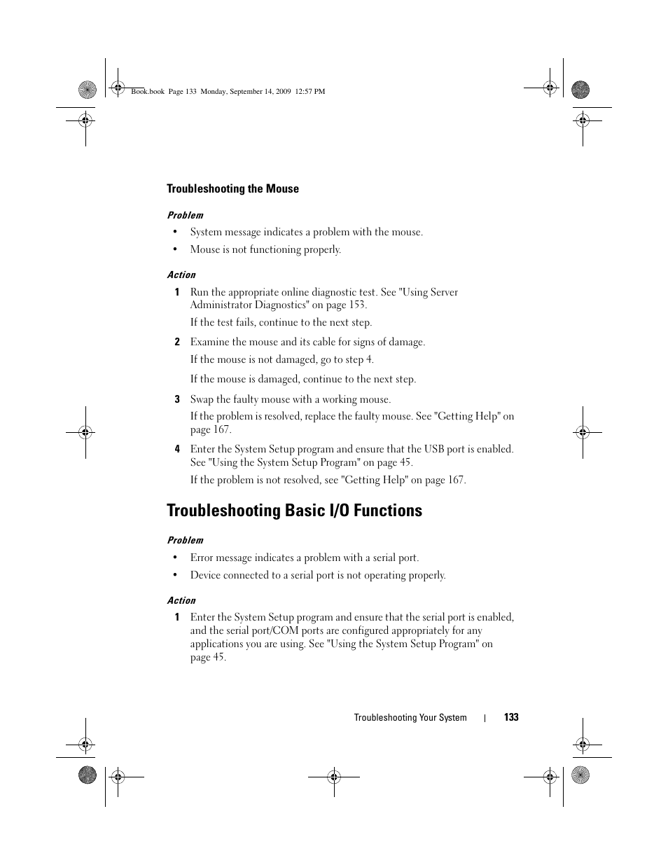 Troubleshooting the mouse, Troubleshooting basic i/o functions | Dell PowerVault DL2000 User Manual | Page 133 / 188