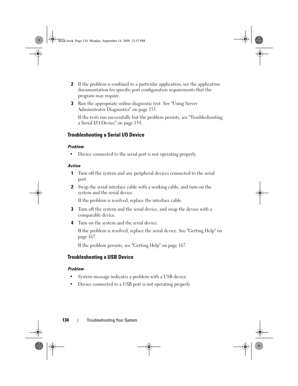 Troubleshooting a serial i/o device, Troubleshooting a usb device | Dell PowerVault DL2000 User Manual | Page 134 / 188