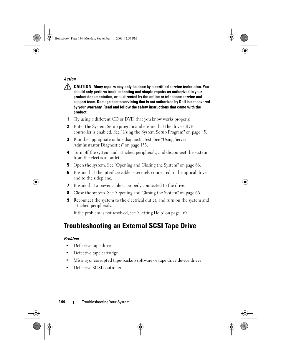 Troubleshooting an external scsi tape drive | Dell PowerVault DL2000 User Manual | Page 144 / 188