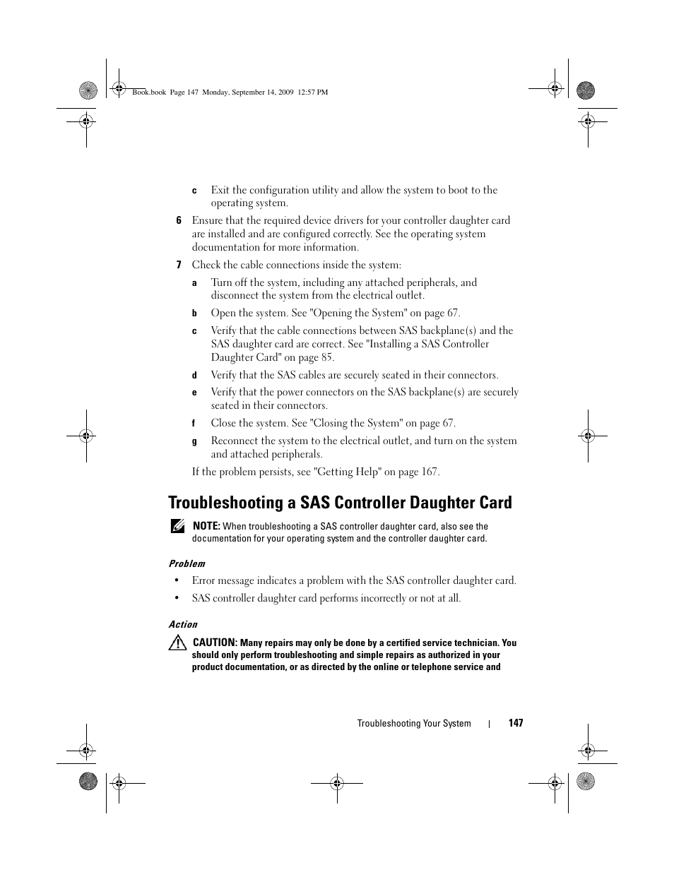 Troubleshooting a sas controller daughter card | Dell PowerVault DL2000 User Manual | Page 147 / 188