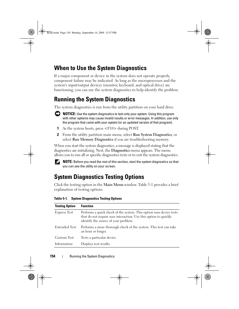 When to use the system diagnostics, Running the system diagnostics, System diagnostics testing options | Dell PowerVault DL2000 User Manual | Page 154 / 188
