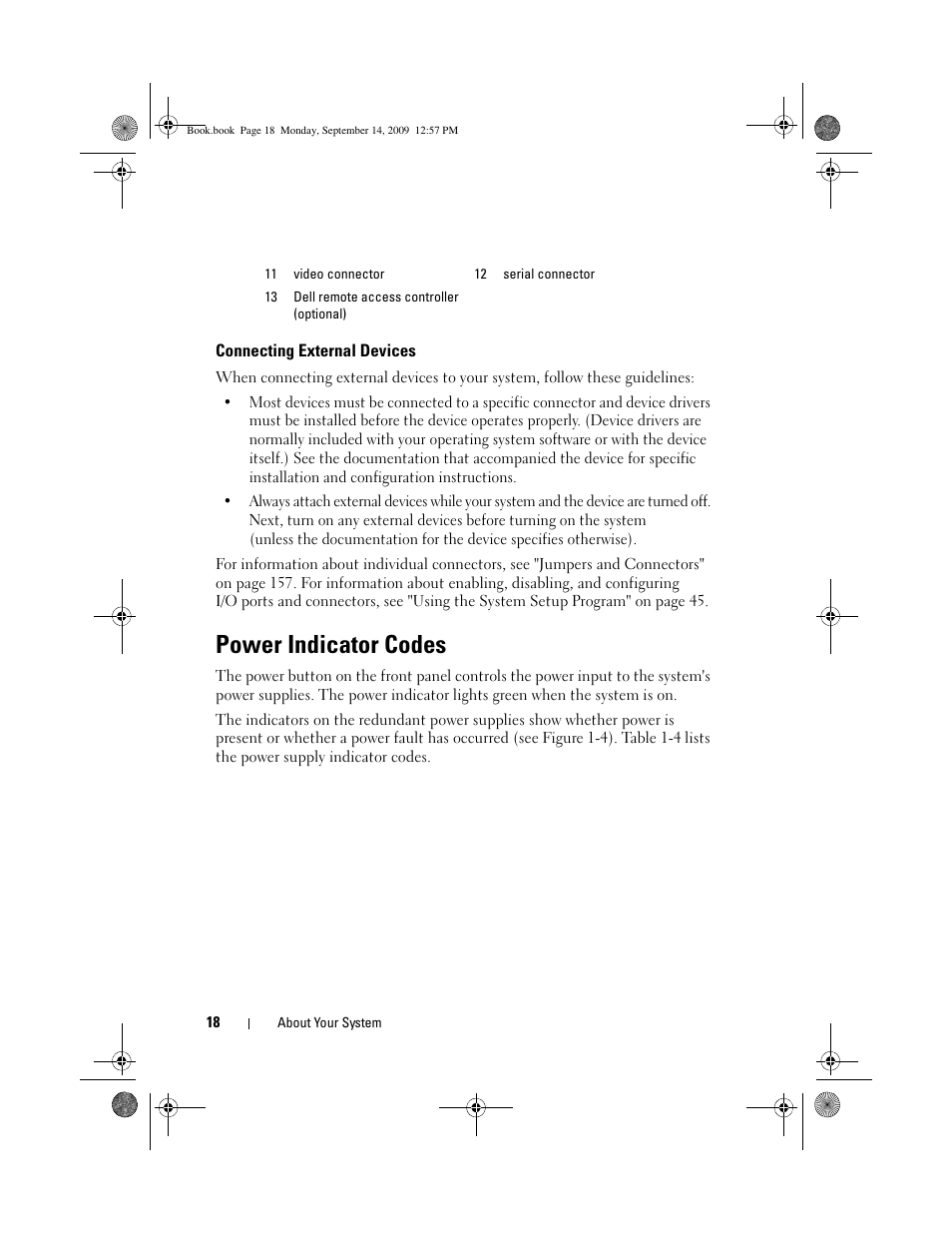 Connecting external devices, Power indicator codes | Dell PowerVault DL2000 User Manual | Page 18 / 188