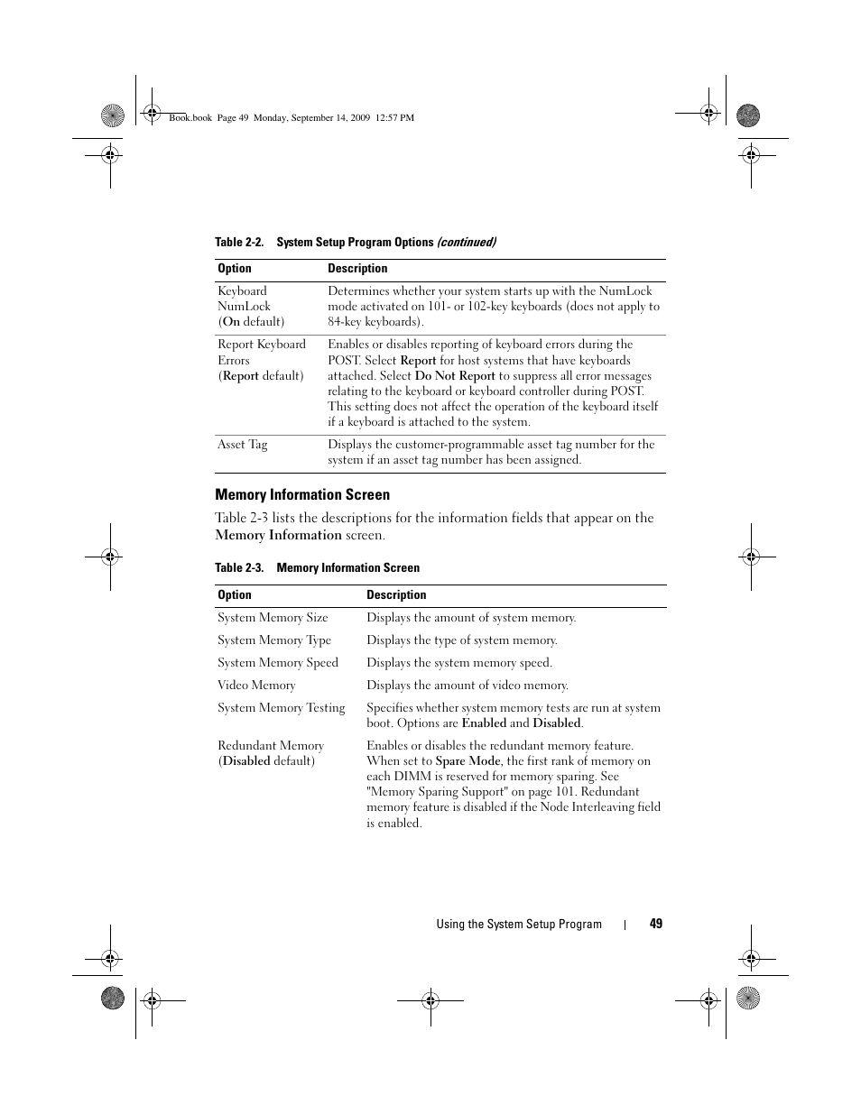 Memory information screen | Dell PowerVault DL2000 User Manual | Page 49 / 188