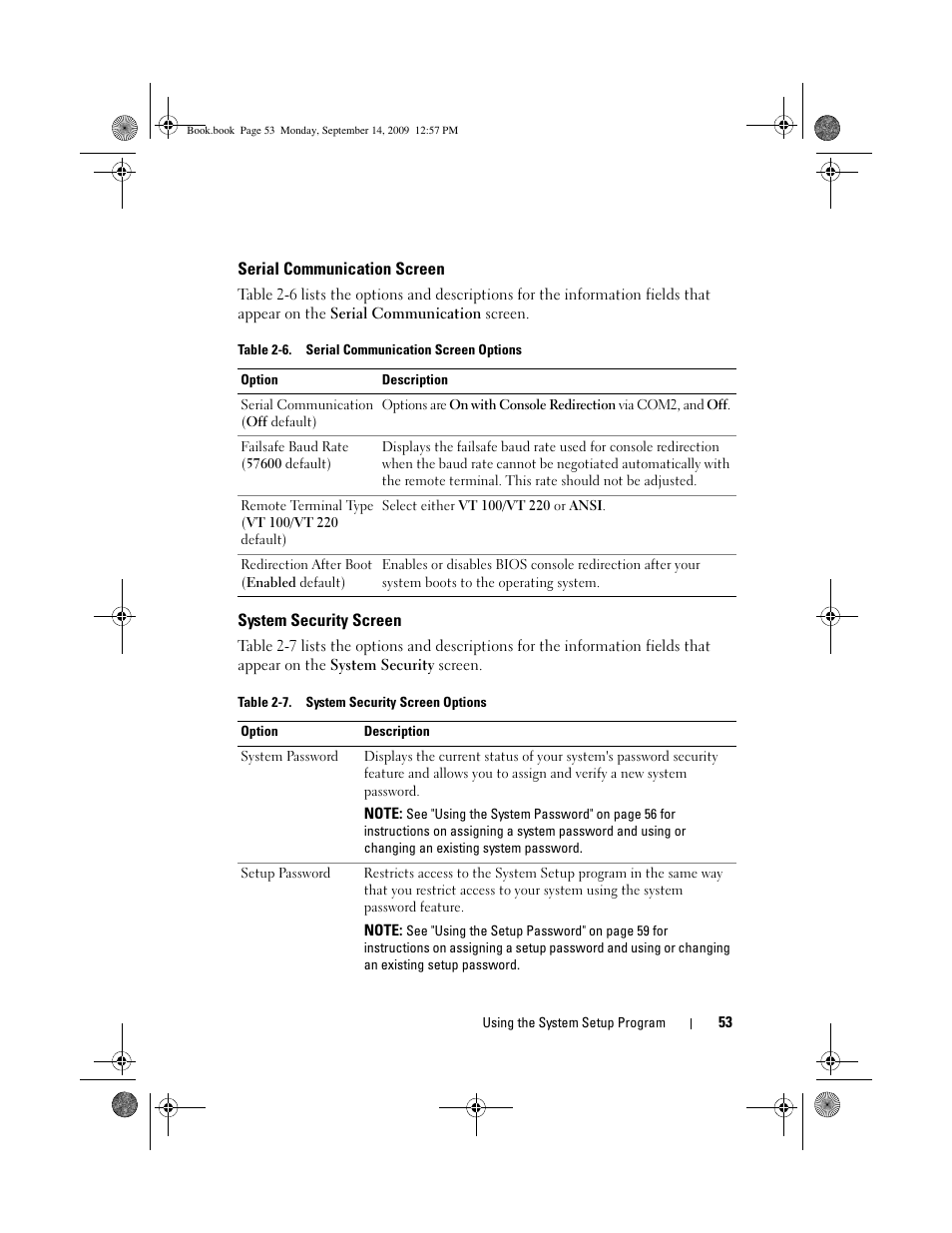 Serial communication screen, System security screen | Dell PowerVault DL2000 User Manual | Page 53 / 188