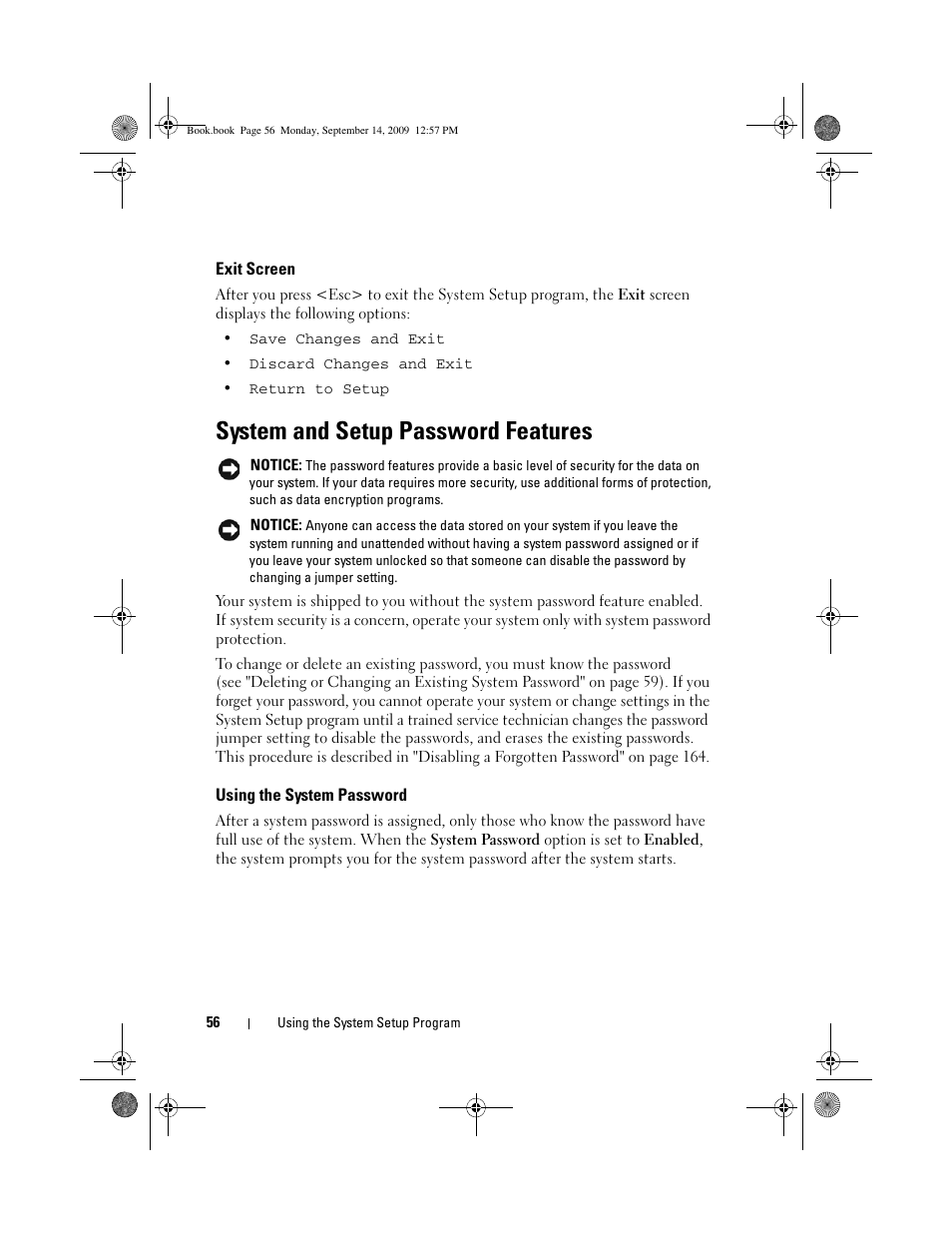 Exit screen, System and setup password features, Using the system password | Dell PowerVault DL2000 User Manual | Page 56 / 188
