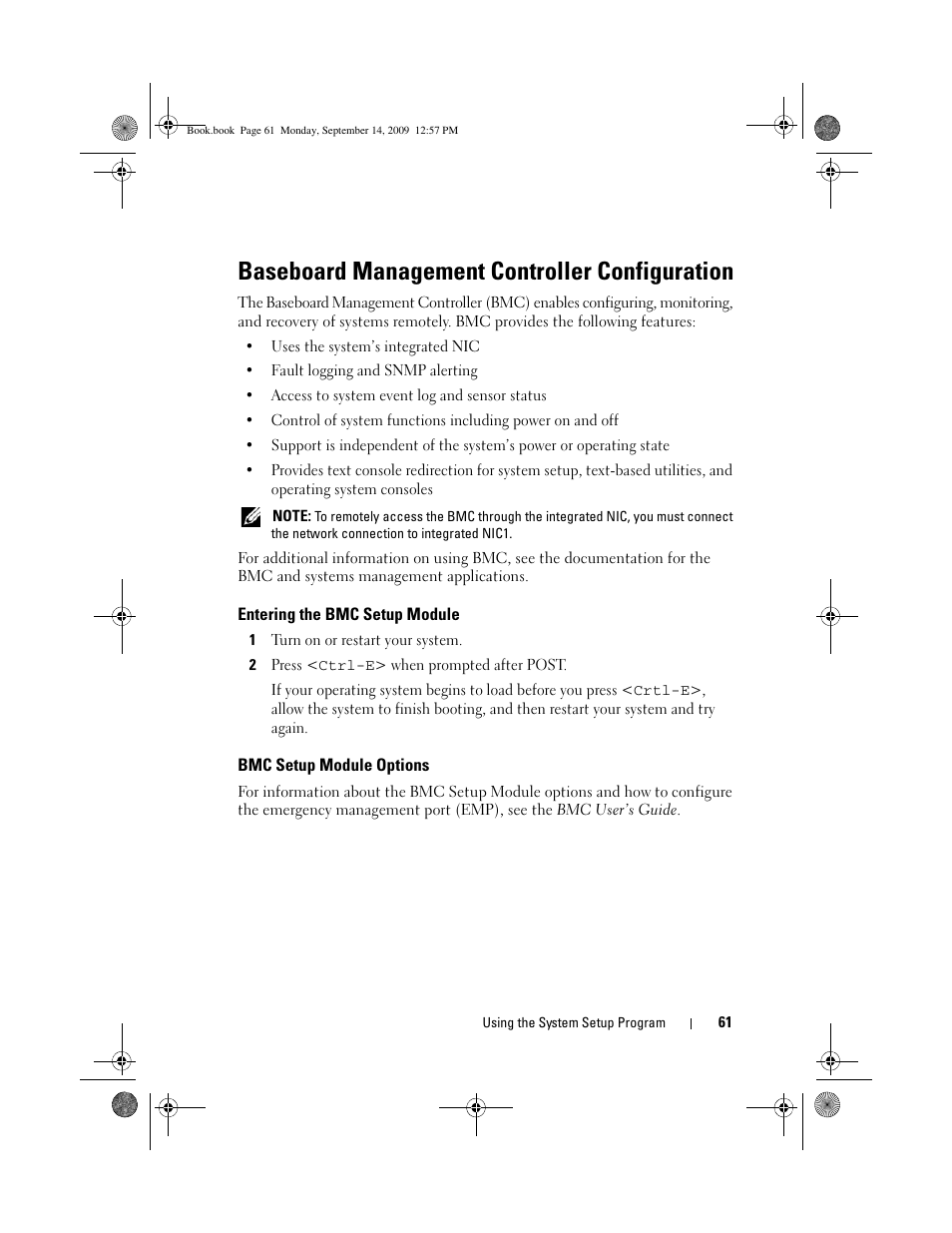 Baseboard management controller configuration, Entering the bmc setup module, Bmc setup module options | Dell PowerVault DL2000 User Manual | Page 61 / 188