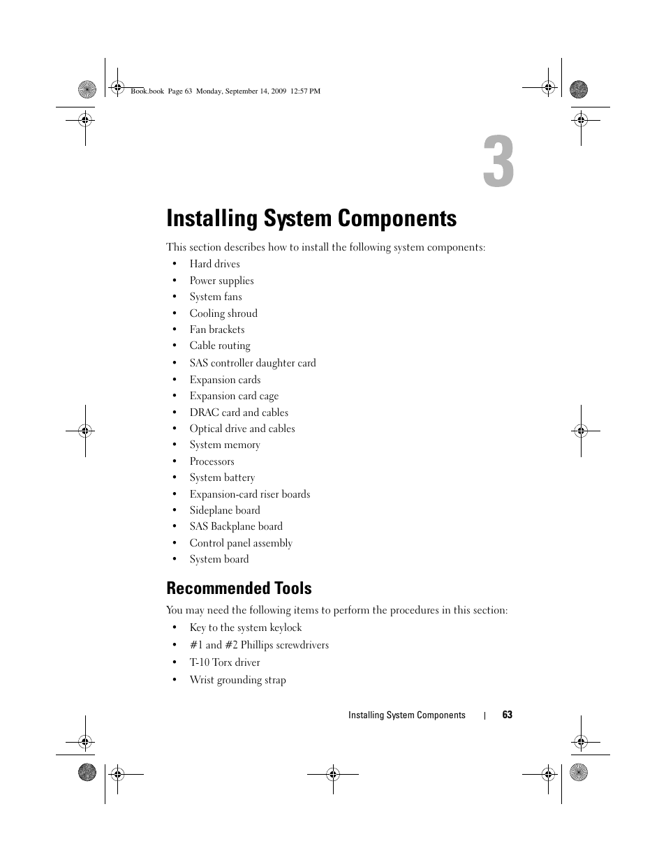 Installing system components, Recommended tools | Dell PowerVault DL2000 User Manual | Page 63 / 188