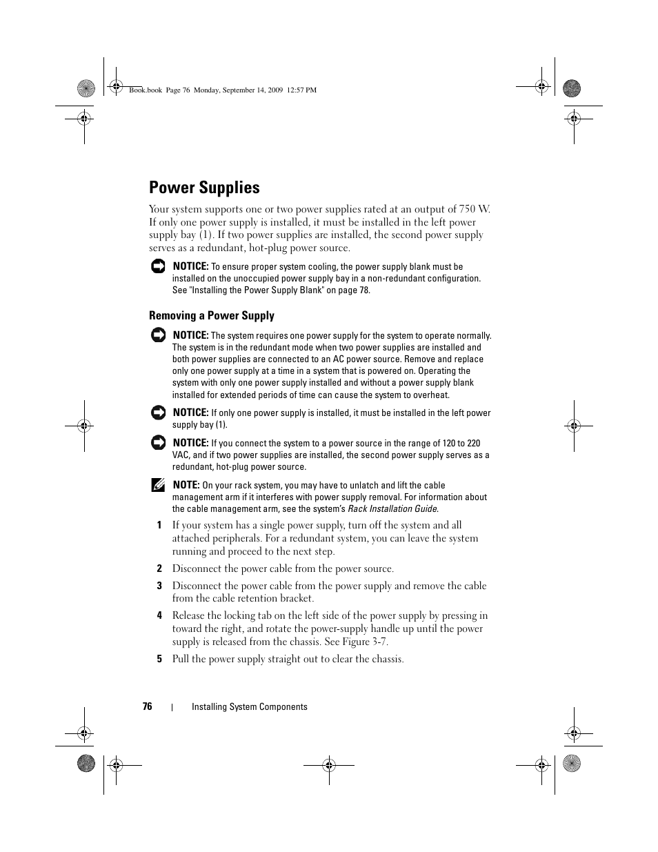 Power supplies, Removing a power supply | Dell PowerVault DL2000 User Manual | Page 76 / 188