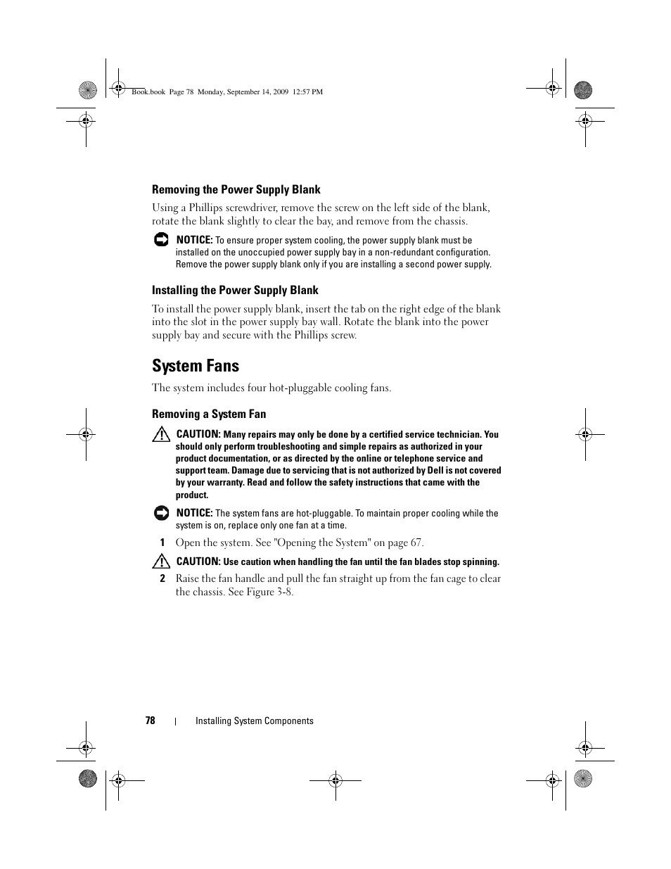 Removing the power supply blank, Installing the power supply blank, System fans | Removing a system fan | Dell PowerVault DL2000 User Manual | Page 78 / 188