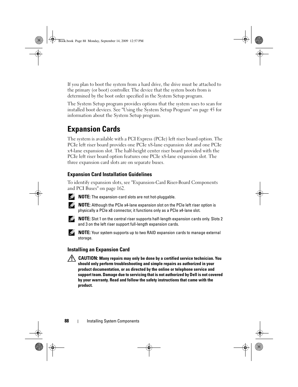 Expansion cards, Expansion card installation guidelines, Installing an expansion card | Dell PowerVault DL2000 User Manual | Page 88 / 188