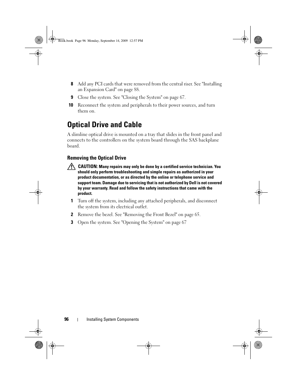 Optical drive and cable, Removing the optical drive | Dell PowerVault DL2000 User Manual | Page 96 / 188