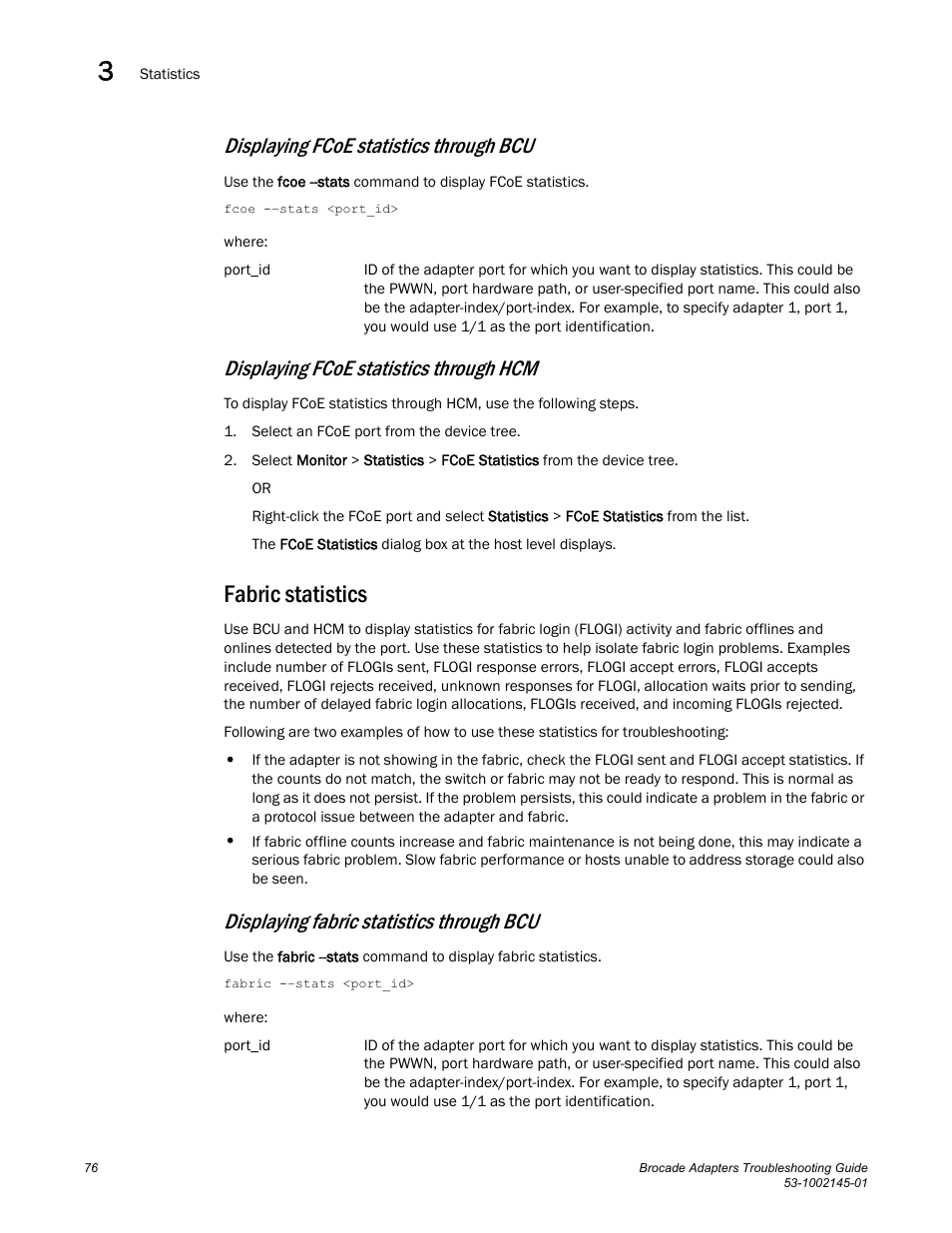 Fabric statistics, Displaying fcoe statistics through bcu, Displaying fcoe statistics through hcm | Displaying fabric statistics through bcu | Dell Brocade Adapters User Manual | Page 100 / 172