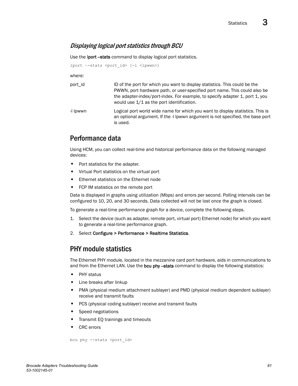 Performance data, Phy module statistics, Displaying logical port statistics through bcu | Dell Brocade Adapters User Manual | Page 105 / 172