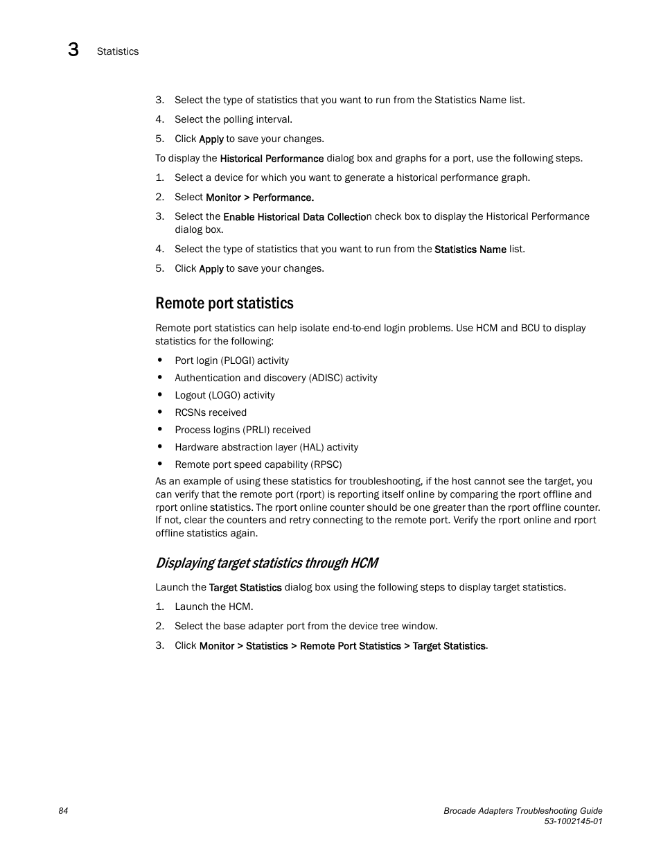 Remote port statistics, Displaying target statistics through hcm | Dell Brocade Adapters User Manual | Page 108 / 172