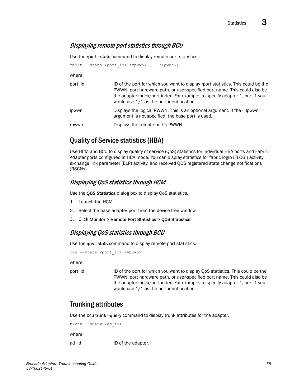 Quality of service statistics (hba), Trunking attributes, Displaying remote port statistics through bcu | Displaying qos statistics through hcm, Displaying qos statistics through bcu | Dell Brocade Adapters User Manual | Page 109 / 172