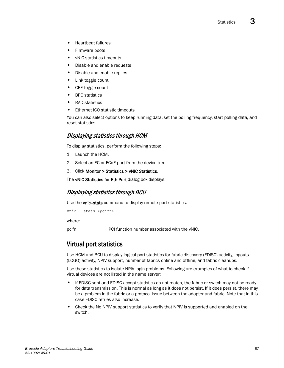 Virtual port statistics, Displaying statistics through hcm, Displaying statistics through bcu | Dell Brocade Adapters User Manual | Page 111 / 172