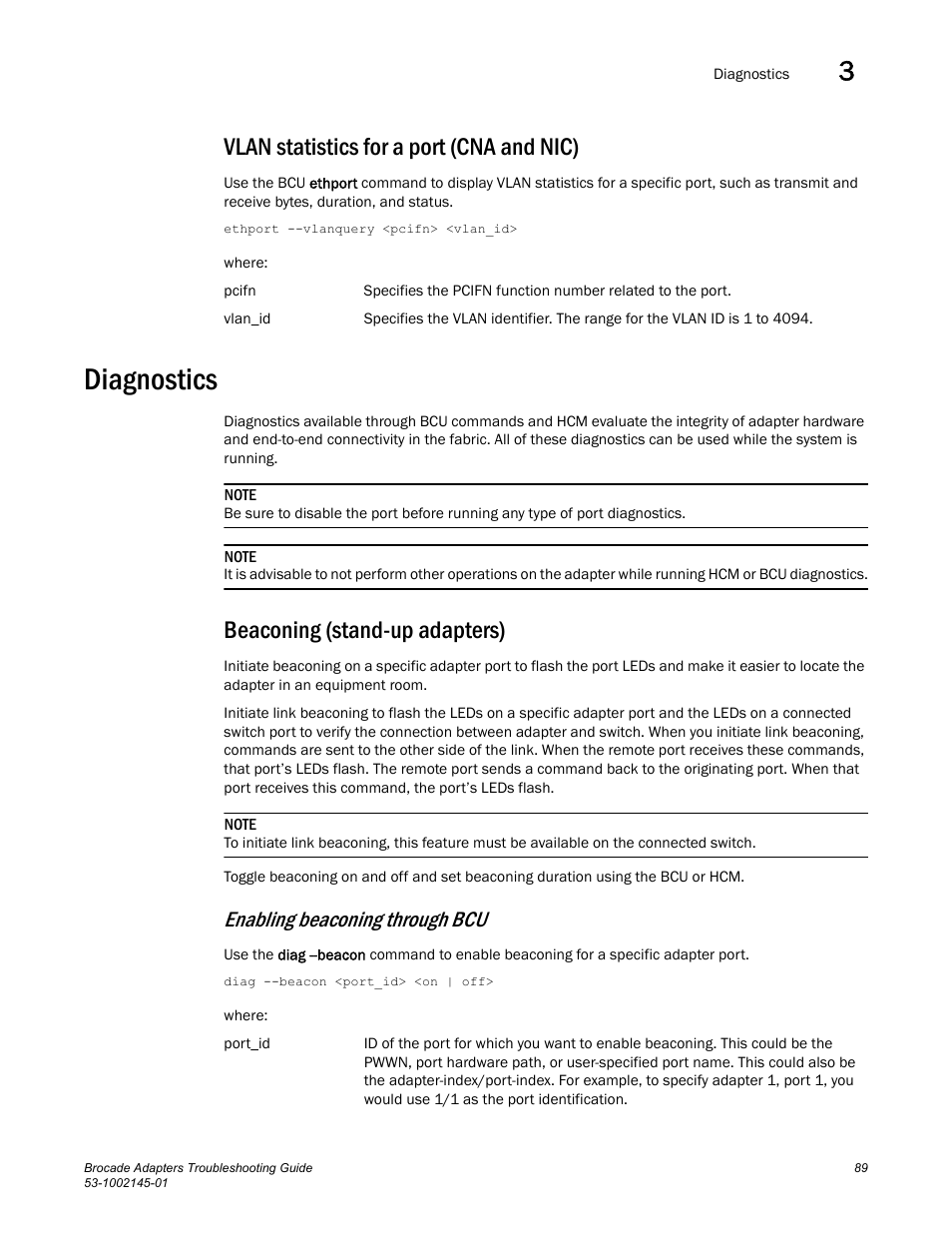 Vlan statistics for a port (cna and nic), Diagnostics, Beaconing (stand-up adapters) | Enabling beaconing through bcu | Dell Brocade Adapters User Manual | Page 113 / 172