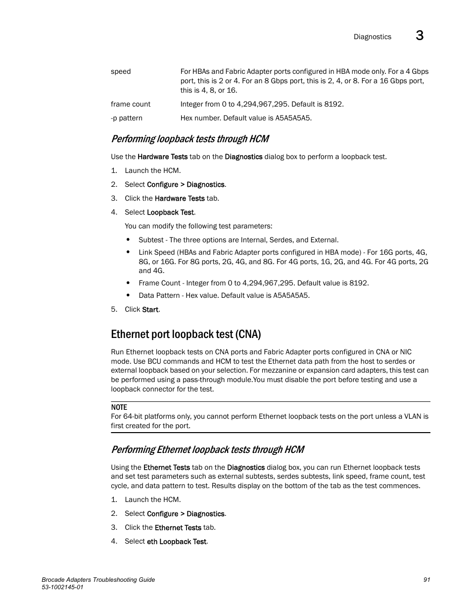 Ethernet port loopback test (cna), Performing loopback tests through hcm, Performing ethernet loopback tests through hcm | Dell Brocade Adapters User Manual | Page 115 / 172