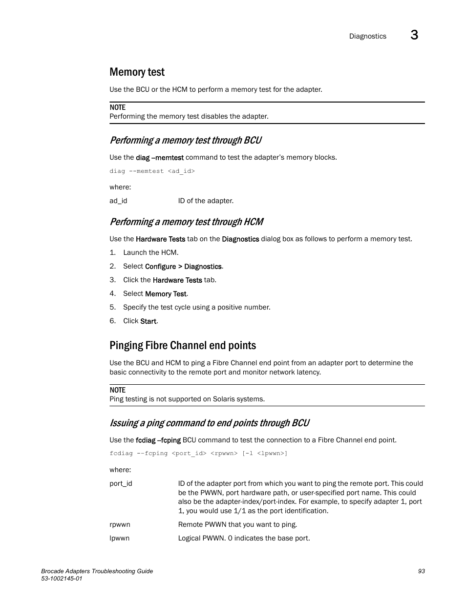 Memory test, Pinging fibre channel end points, Issuing a ping command to end points through bcu | Dell Brocade Adapters User Manual | Page 117 / 172