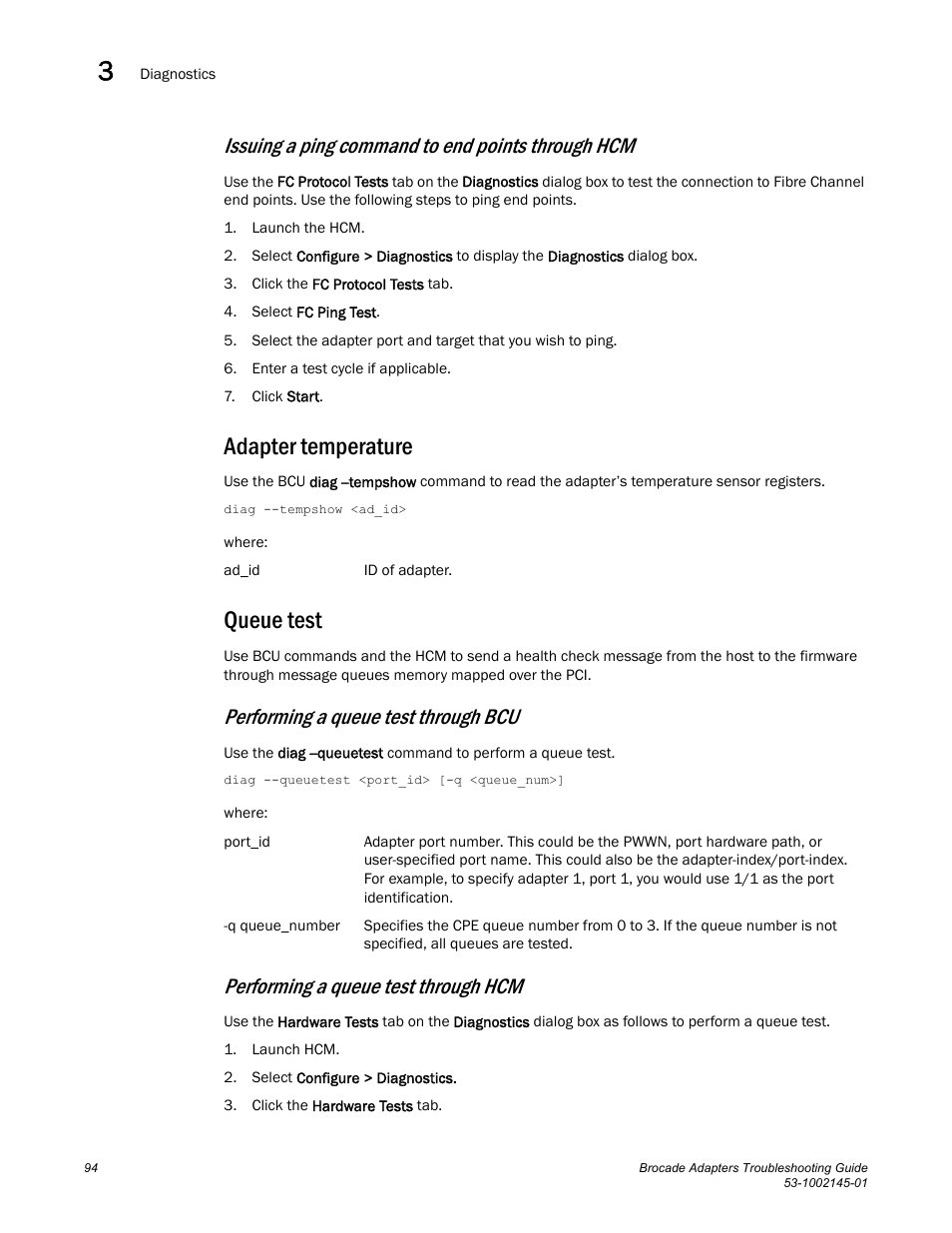 Adapter temperature, Queue test, Issuing a ping command to end points through hcm | Performing a queue test through bcu, Performing a queue test through hcm | Dell Brocade Adapters User Manual | Page 118 / 172