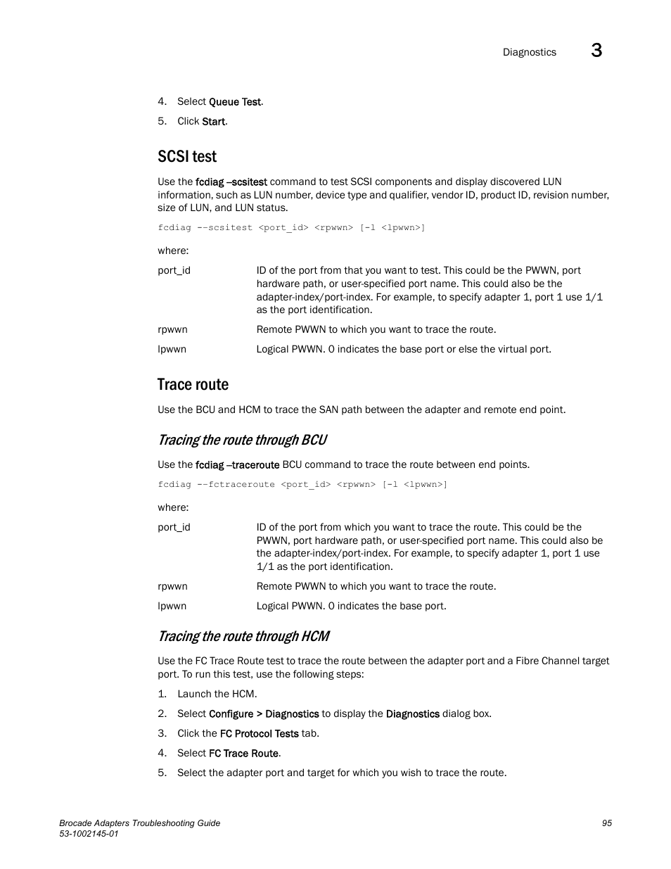 Scsi test, Trace route, Tracing the route through bcu | Tracing the route through hcm | Dell Brocade Adapters User Manual | Page 119 / 172